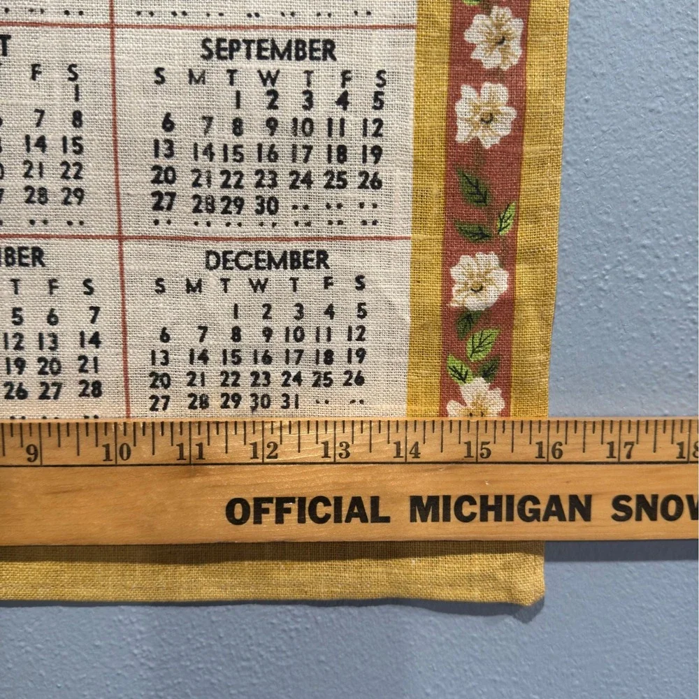 Vintage 1970 Linen Calendar Tea Towel Covered Bridge Floral Wall Hanging 16x28